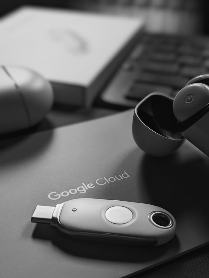 Contact Black and white tech scene featuring a USB device and Google Cloud logo, embodying digital connectivity.